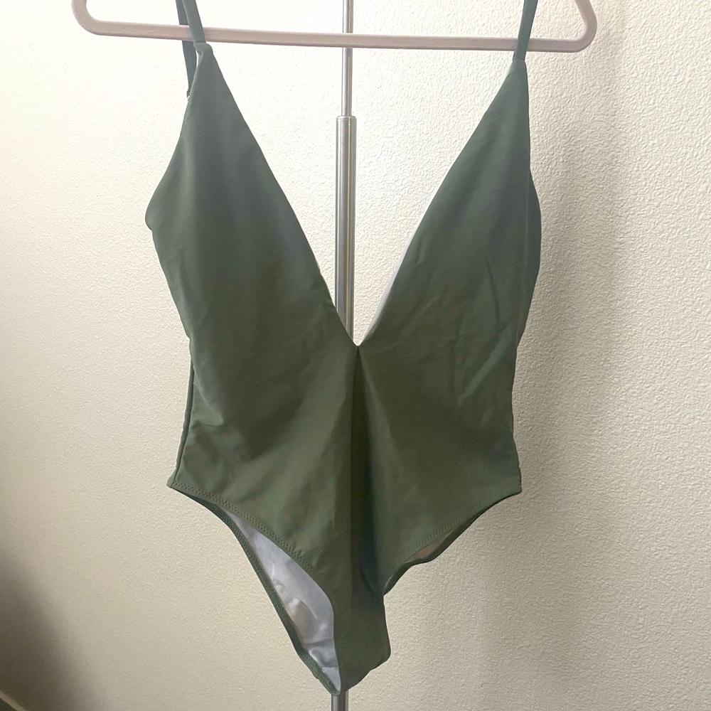 Med. Olive Green plunging front and back One piece